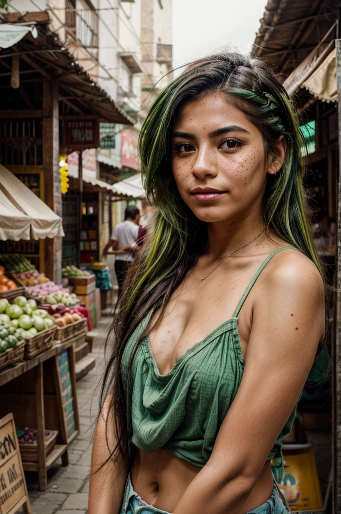 [[((young attractive Mexican woman with green streaks in her hair, very light, barely visible cute freckles on her cheeks, and a small nose ring:1.5)), ((Martina Sánchez:1.4)), exploring the markets of Oaxaca, with her body facing the camera. Martina is wearing ((a casual chic outfit:1.3)) with a small backpack and holding a local craft. She has an inquisitive, happy expression. The background features the bustling market stalls and vibrant local atmosphere of Oaxaca. The scene is captured with a ((digital SLR:1.3)) using a ((50mm prime lens:1.3)) for a balanced perspective. Post-production focuses on enhancing the natural colors, highlighting her unique features, and adding a ((soft bokeh effect:1.2)) to the background. The image should be in ((8K resolution:1.2)) with ((hyper-realistic detail:1.4)). The focus is on Martina's unique hair, freckles, and nose ring, highlighting her as an engaging travel blogger.]]
