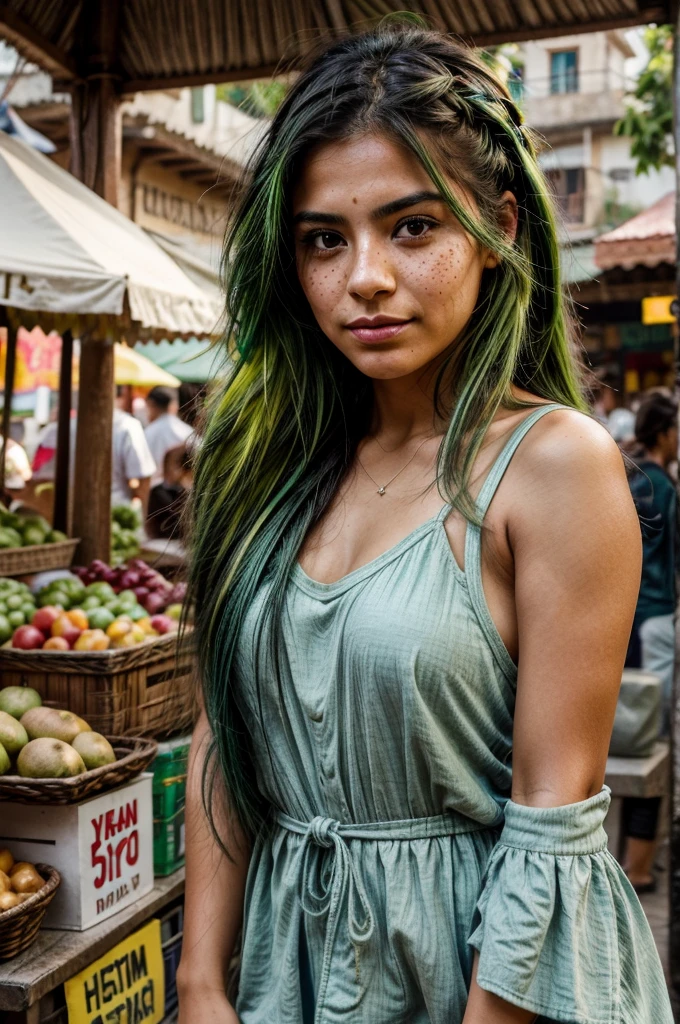 [[((young attractive Mexican woman with green streaks in her hair, very light, barely visible cute freckles on her cheeks, and a small nose ring:1.5)), ((Martina Sánchez:1.4)), exploring the markets of Oaxaca, with her body facing the camera. Martina is wearing ((a casual chic outfit:1.3)) with a small backpack and holding a local craft. She has an inquisitive, happy expression. The background features the bustling market stalls and vibrant local atmosphere of Oaxaca. The scene is captured with a ((digital SLR:1.3)) using a ((50mm prime lens:1.3)) for a balanced perspective. Post-production focuses on enhancing the natural colors, highlighting her unique features, and adding a ((soft bokeh effect:1.2)) to the background. The image should be in ((8K resolution:1.2)) with ((hyper-realistic detail:1.4)). The focus is on Martina's unique hair, freckles, and nose ring, highlighting her as an engaging travel blogger.]]
