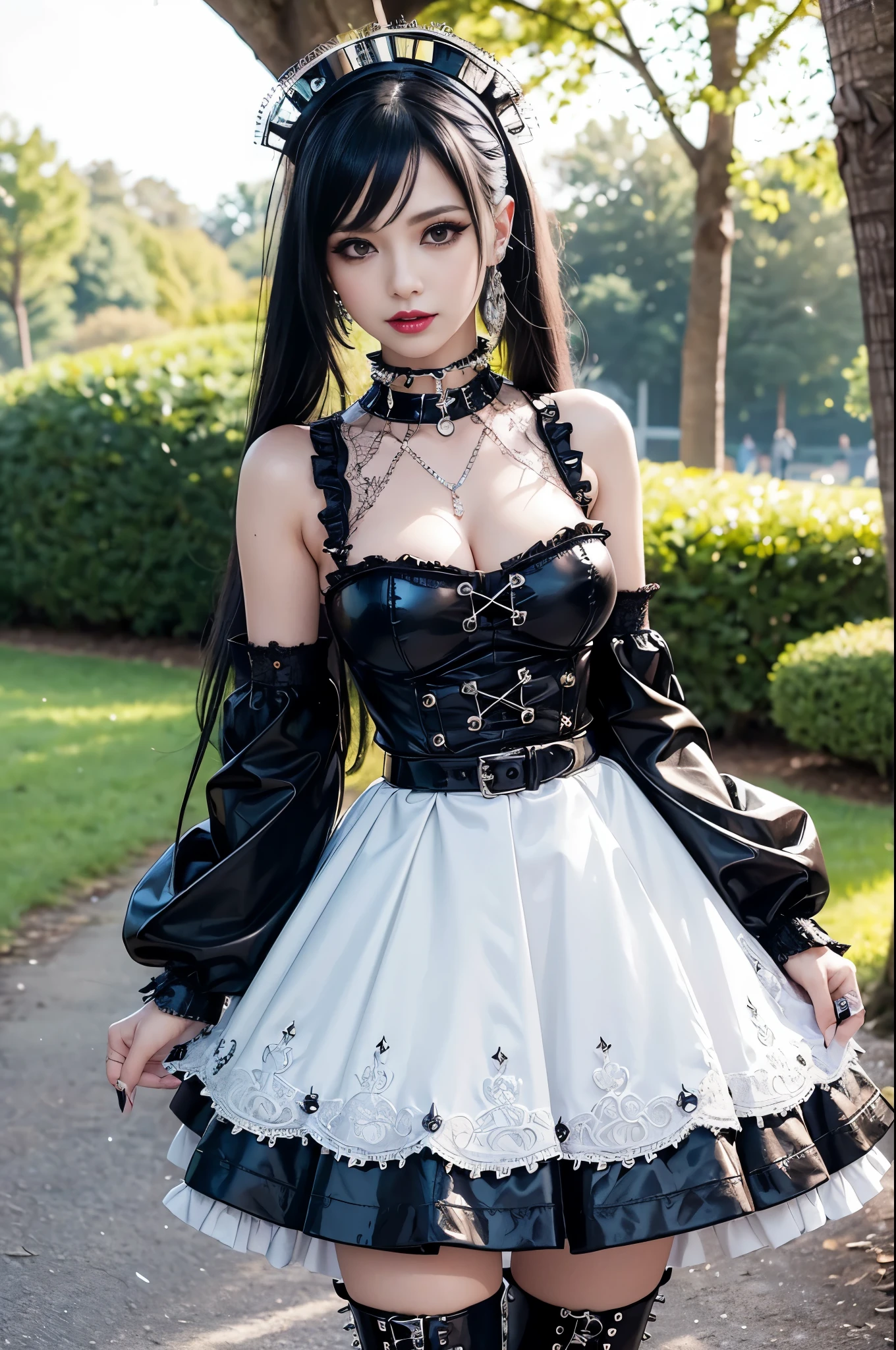 sexy stylish female model, only 1 female, ((doll-like appearance)), long dramatic stylish hair, ((shiny Punk-Style boots)), (beautiful smile), ultra detailed eyes, Punk makeup, lipgloss, ((sexy Punk Lolita cosplay)), unconventional skirt, petticoats, high neckline, ((ultra detailed lace)), ((ultra detailed embroidery)), intricate details, tartan patterns, silver chains, silver spikes, safety pins, Punk Lolita accessoires, Punk Lolita choker, ((large sparkling Punk Lolita jewelry)), cinematic light, detailed large park background with trees