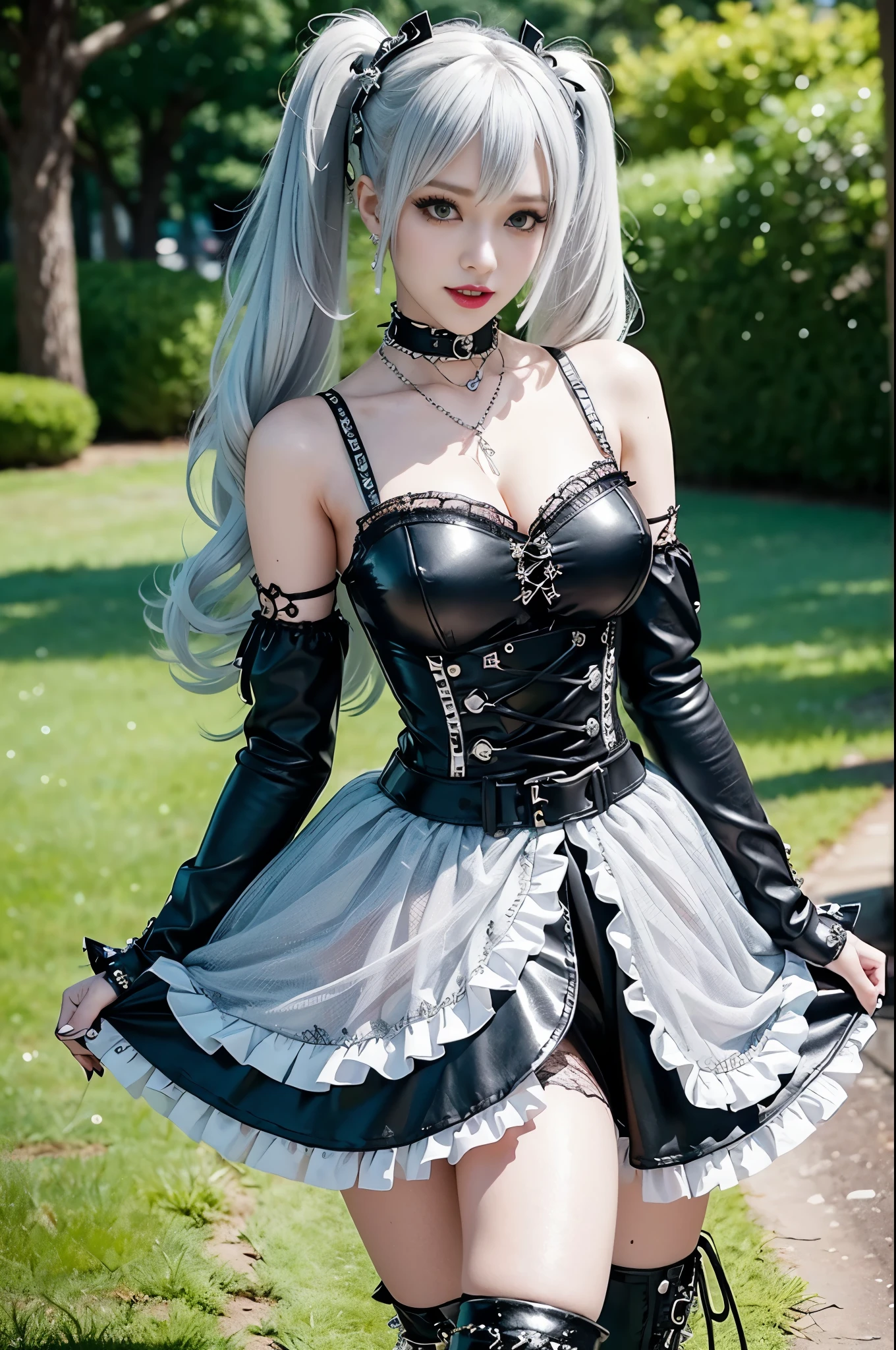 sexy stylish female model, only 1 female, ((doll-like appearance)), long dramatic stylish hair, ((shiny Punk-Style boots)), (beautiful smile), ultra detailed eyes, Punk makeup, lipgloss, ((sexy Punk Lolita cosplay)), unconventional skirt, petticoats, high neckline, ((ultra detailed lace)), ((ultra detailed embroidery)), intricate details, tartan patterns, silver chains, silver spikes, safety pins, Punk Lolita accessoires, Punk Lolita choker, ((large sparkling Punk Lolita jewelry)), cinematic light, detailed large park background with trees