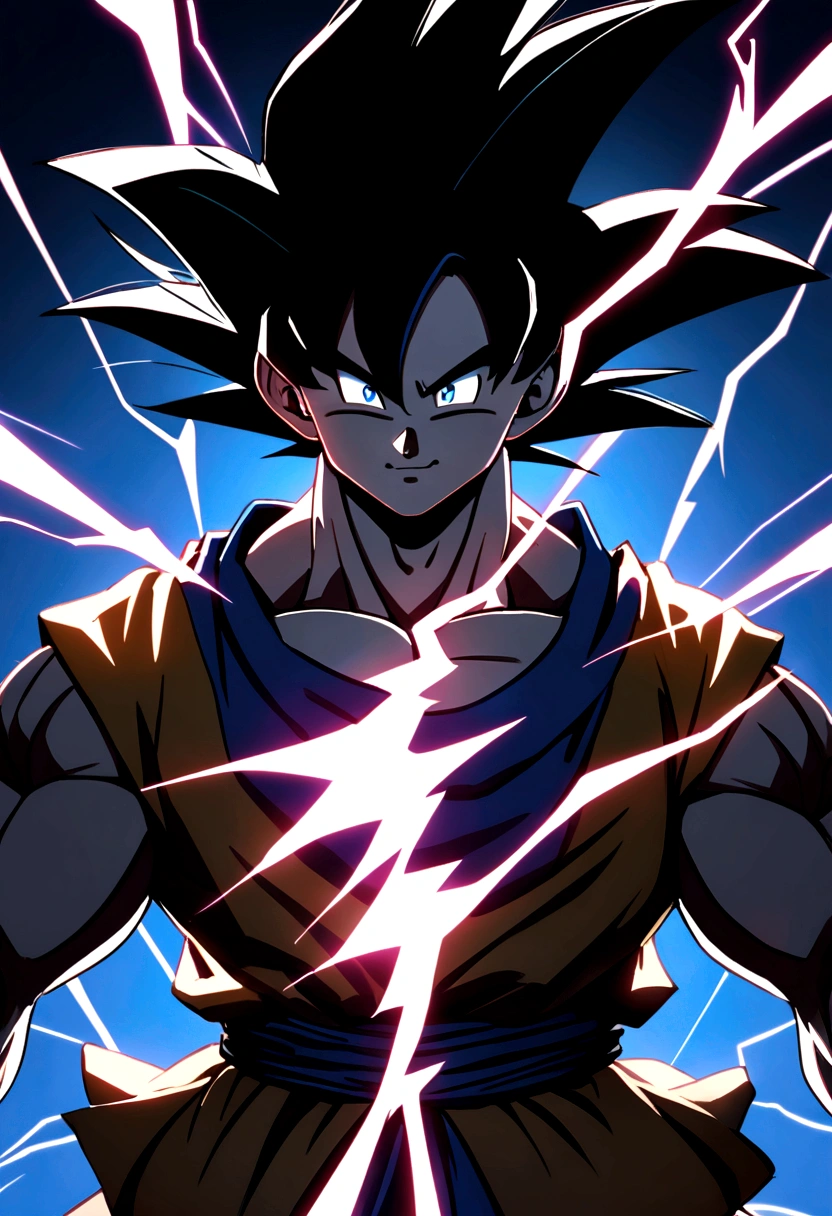 Goku, metallic effect, sshade, lightning effect, blue night sky, eclair, muscle, shade