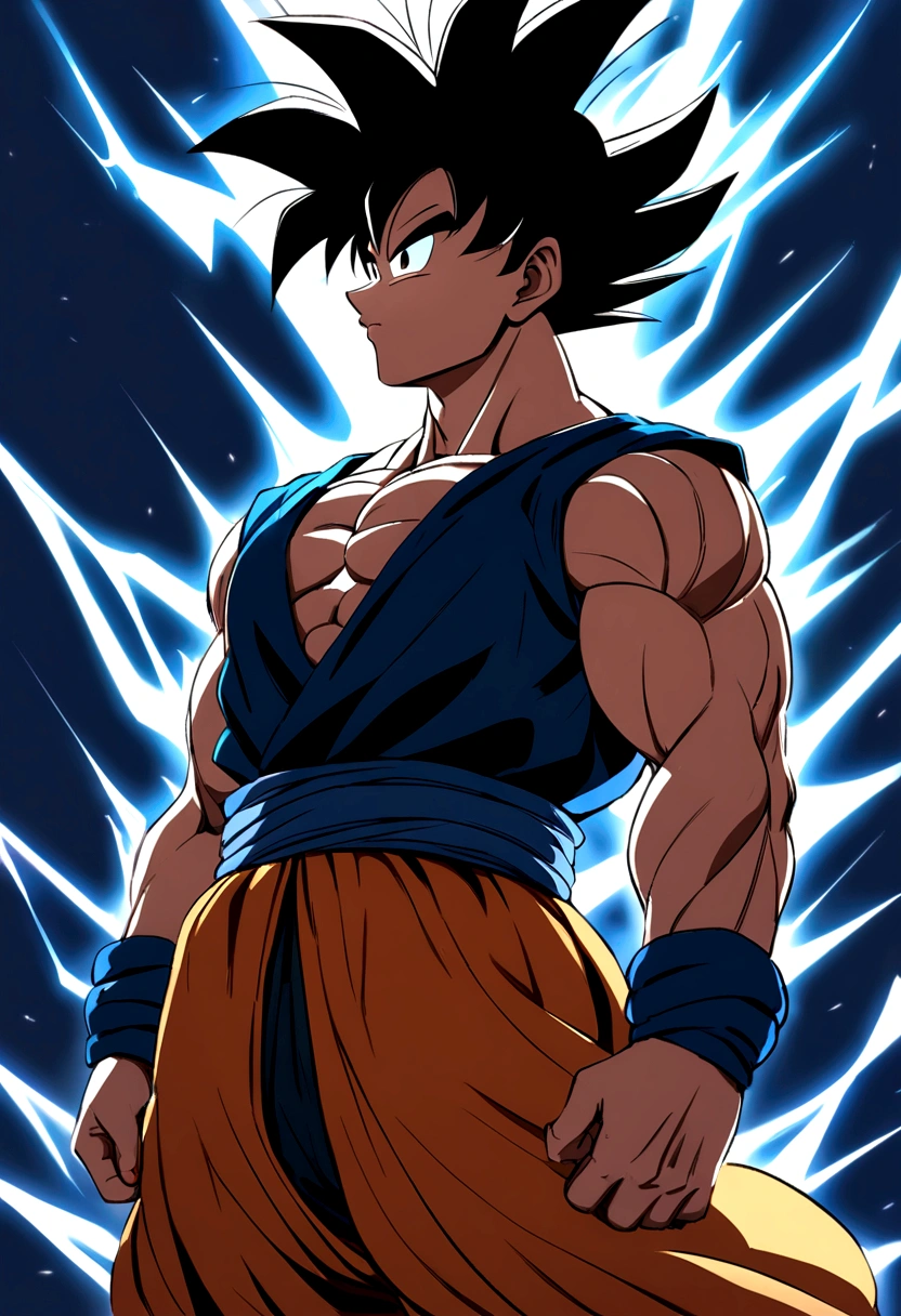Goku, metallic effect, sshade, lightning effect, blue night sky, eclair, muscle, shade
