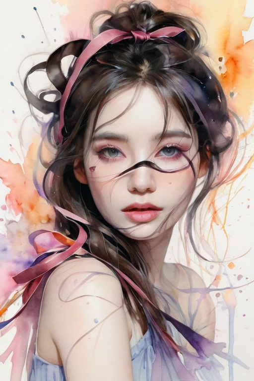 (8k, best quality, masterpiece:1.2),(best quality:1.0), (ultra highres:1.0), watercolor, a beautiful woman, shoulder, hair ribbons, by agnes cecile, half body portrait, extremely luminous bright design, pastel colors, (ink:1.3), autumn lights,