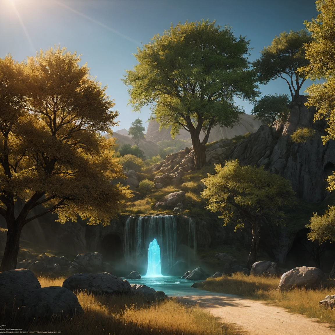 simple scenario, flat ass, few trees,passing stone, ultra detailed fantasy, some acacia trees, realisitic, dnd, RPG, Lotr game design fanart by concept art, behance hd, art station, deviantart, Global Illumination Radiating a Bright Aura Global Illumination Ray Tracing HDR Rendering in Unreal Engine 5