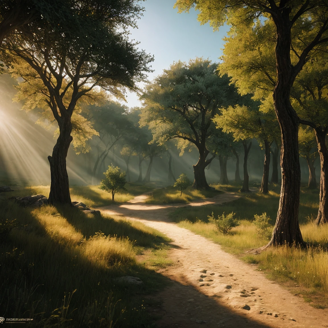 simple scenario, flat ass, few trees,passing stone, ultra detailed fantasy, some acacia trees, realisitic, dnd, RPG, Lotr game design fanart by concept art, behance hd, art station, deviantart, Global Illumination Radiating a Bright Aura Global Illumination Ray Tracing HDR Rendering in Unreal Engine 5