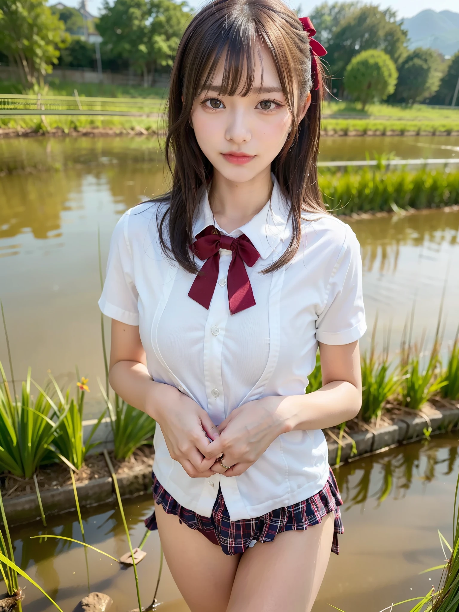 ((Best of the highest quality, 8k, Masterpiece, raw photo: 1.2)), (Sharp focus: 1.2), (1 AESPA, slim body type female, 21 y/o: 1.1), (solo: 1.28), (realistic, photo-realistic:1.37), face focus, cute face, finely eyes, (droopy eyes: 1.32), (Emphasize prominent aegyo-sal with bright: 1.2), shimmering eyeshadow applied under the lower lash line, paired with thick, (small breasts, flat chest, Thigh: 1.3), (short messy hair, bangs: 1.28), (school uniform, ribbon, panties: 1.32), walking in river, (rice field, paddy field: 1.1), flower, (from below: 1.16)
