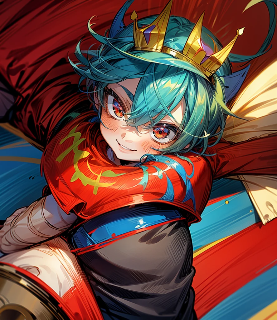 Create a boy, a 10-year-old  who has a blue, red, green and yellow crown that has the symbol of the reverse of one on the ends and he has some bricklaying tools on his back, a mini kitten on his shoulder, a red shirt with a very cute cat on the print and have black pants and very bright red eyes and a big, beautiful smile