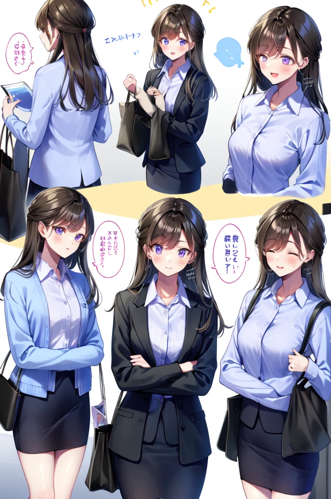 ●Amagi Shino Office Lady, One girl, Brown Hair, shirt, Long Hair, !, office lady, smile, blush, skirt, Speech bubble, Thought Bubbles, close your eyes, Purple eyes, collared shirt, bag, Exclamation mark pronunciation, white shirt, Mouth closed, teeth, Open your mouth, dress shirt, Blue cardigan, eyelash, pencil skirt, Long sleeve, bangs, artist name, Multiple Views, Are standing, black skirt, Blue jacket, Half Up, chest, From behind, White Background, blue shirt, sign