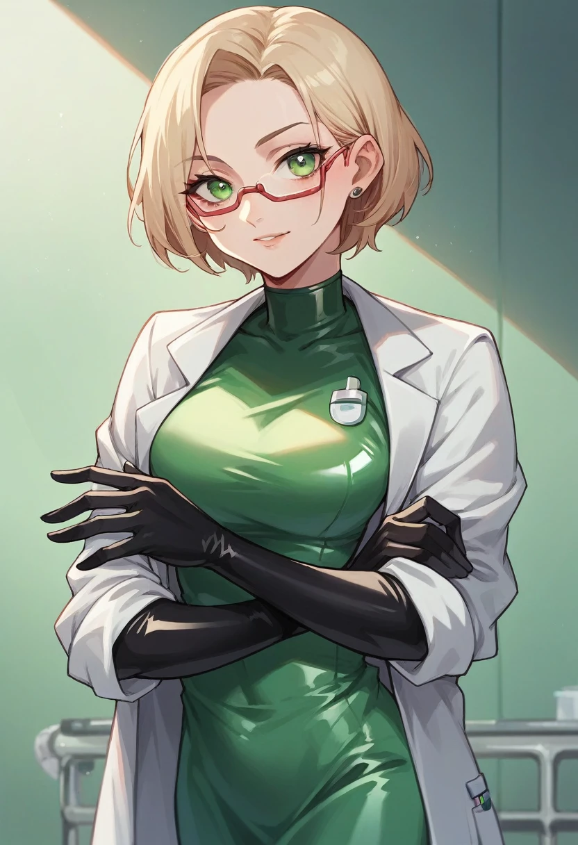 1girl, light hair, ((black elbow gloves)), ((surgical gloves)), ((latex gloves)), ((long sleeves)) ((green surgeon outfit)), looking at viewer, ((doctor)), standing, solo