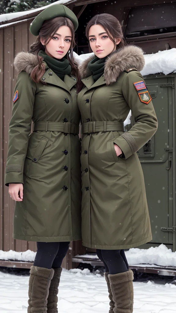 a detailed portrait of two female soldiers in winter military uniforms, beautiful detailed eyes, beautiful detailed lips, extremely detailed eyes and face, long eyelashes, wearing dark green M-51 military coats, standing upright in a snowy military camp, masterpiece, best quality, highly detailed CG, 8K