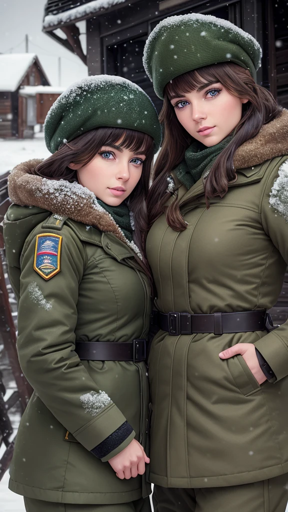 a detailed portrait of two female soldiers in winter military uniforms, beautiful detailed eyes, beautiful detailed lips, extremely detailed eyes and face, long eyelashes, wearing dark green M-51 military coats, standing upright in a snowy military camp, masterpiece, best quality, highly detailed CG, 8K