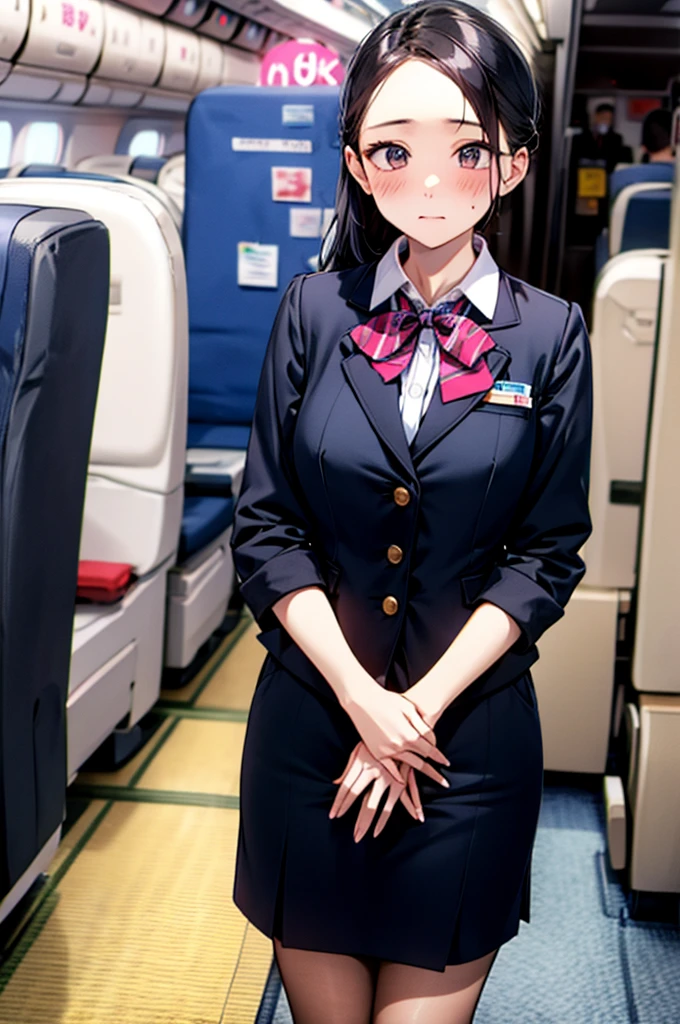 (1 person、alone), Beautiful woman, Anatomically perfect body, thin、(stewardess、Cabin attendant), Japan Aviation Uniforms、Jacket、skirt、(Looking down:1.2), (Pussy juice:1.1)、(hug my chest:1.2)、20-year-old、(Highest quality)、Black Hair, (Half Up:1.1), Inside the plane、(8K, High resolution)、(shy:1.4)、Mid-chest, (vapor:1.1), (Embarrassing:1.3), Showing nipples under shirt