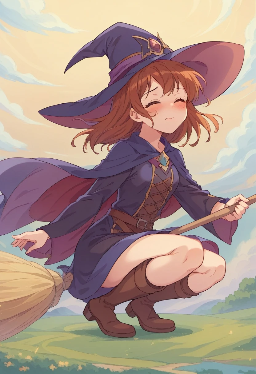 ((((空を飛ぶwitch))),((Ride a broom)),Straddling a broom,Fantasy,Beautiful light and shadow,Anatomically correct,masterpiece,Highest quality,最高masterpiece,8K,Use of magic,witch:witchの帽子:witchの衣装:Familiar,Wind,Fantasy,wonderful,An illustration,Digital Art,wonderful,wonderful,カラーAn illustration,Rich colors,Blushing,Eyes closed,Mouth closed,Holding the end of the broom tightly with both hands,slightly squatting