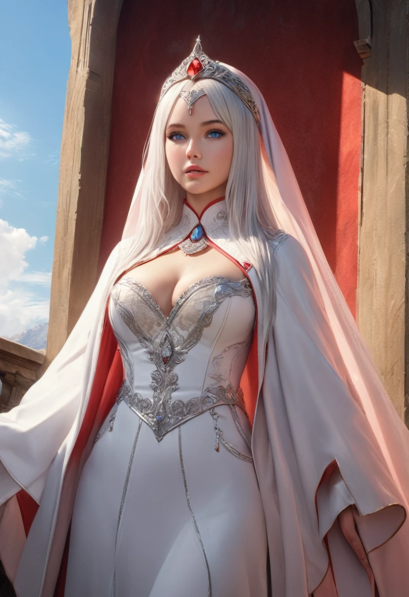 (best quality,4k,8k,highres,masterpiece:1.2), ultra-detailed, (realistic,photorealistic,photo-realistic:1.37),((Highly detailed CG Unity 8k wallpaper)), masterpiece, Super detailed, floating, High resolution, Sexually suggestive, (small, Extremely long white hair, Princess, White Mage, blue eyes, (It has long, wide sleeves and intricate embroidery. A gorgeous layered long dress in white and red with a sheer look), Bridal Veil, Circlet, Bridal Gauntlet, Blushing, shy, arched back, Frilled petticoat, Glamorous corset,