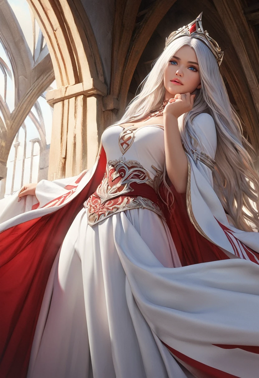 (best quality,4k,8k,highres,masterpiece:1.2), ultra-detailed, (realistic,photorealistic,photo-realistic:1.37),((Highly detailed CG Unity 8k wallpaper)), masterpiece, Super detailed, floating, High resolution, Sexually suggestive, (small, Extremely long white hair, Princess, White Mage, blue eyes, (It has long, wide sleeves and intricate embroidery. A gorgeous layered long dress in white and red with a sheer look), Bridal Veil, Circlet, Bridal Gauntlet, Blushing, shy, arched back, Frilled petticoat, Glamorous corset,