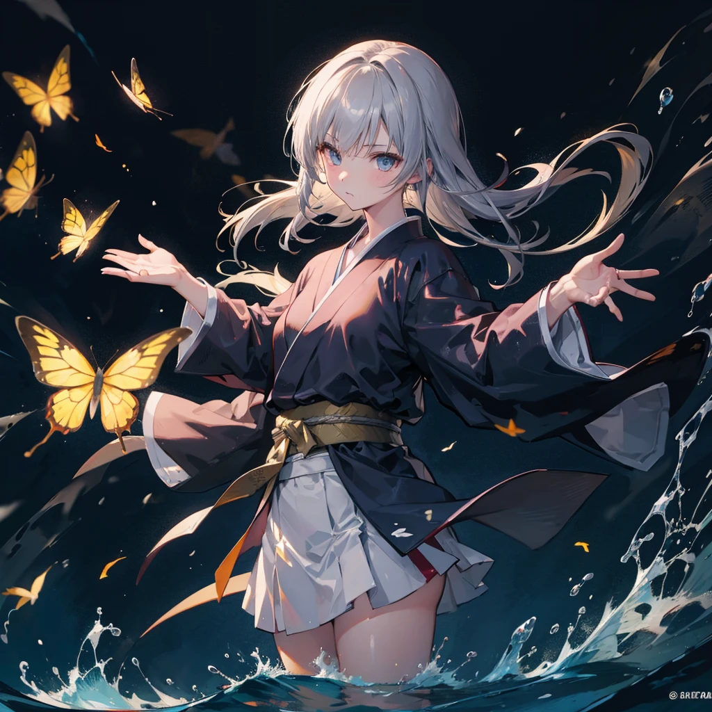((High resolution　Gray Hair　Long Hair　Black kimono　Black Band　military commander　Lonely　despair))　((Yellow butterfly　night　Japanese style　　old　Shining Aura　Japanese garden　water surface))　(dance　Blade of Darkness　Japanese sword　Slashing)　moon　star　Draw your sword　Slashing　Catch the wind　autumn