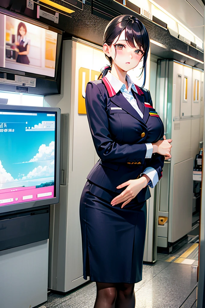 (1 person、alone), Beautiful woman, Anatomically perfect body, thin、(stewardess、Cabin attendant), Japan Aviation Uniforms、Jacket、skirt、(Looking down:1.2), (Pussy juice:1.1)、(hug my chest:1.2)、20-year-old、(Highest quality)、Black Hair, (Half Up:1.1), Inside the plane、(8K, High resolution)、(shy:1.4)、Mid-chest, (vapor:1.1), (Embarrassing:1.3), Showing nipples under shirt