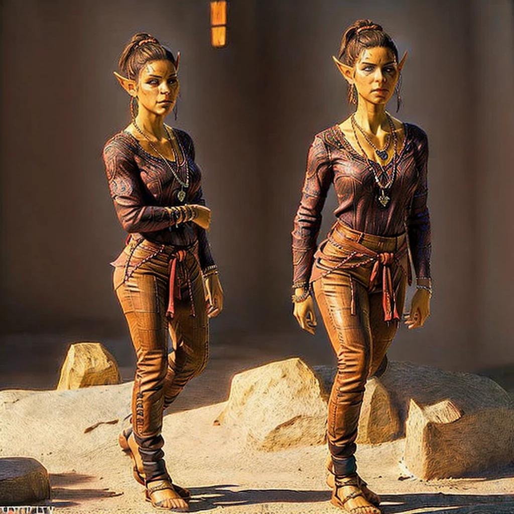 1girl alone, solo, jewelry, pointy ears, flat nose, necklace, hair bun, butt facing the camera, hands on hips, wearing brown pants, (masterpiece, best quality), ultra-detailed, cinematic lighting, highly detailed face, intricate jewelry, cinematic pose, detailed clothing folds, photorealistic, vibrant colors, smooth shading, sharp focus