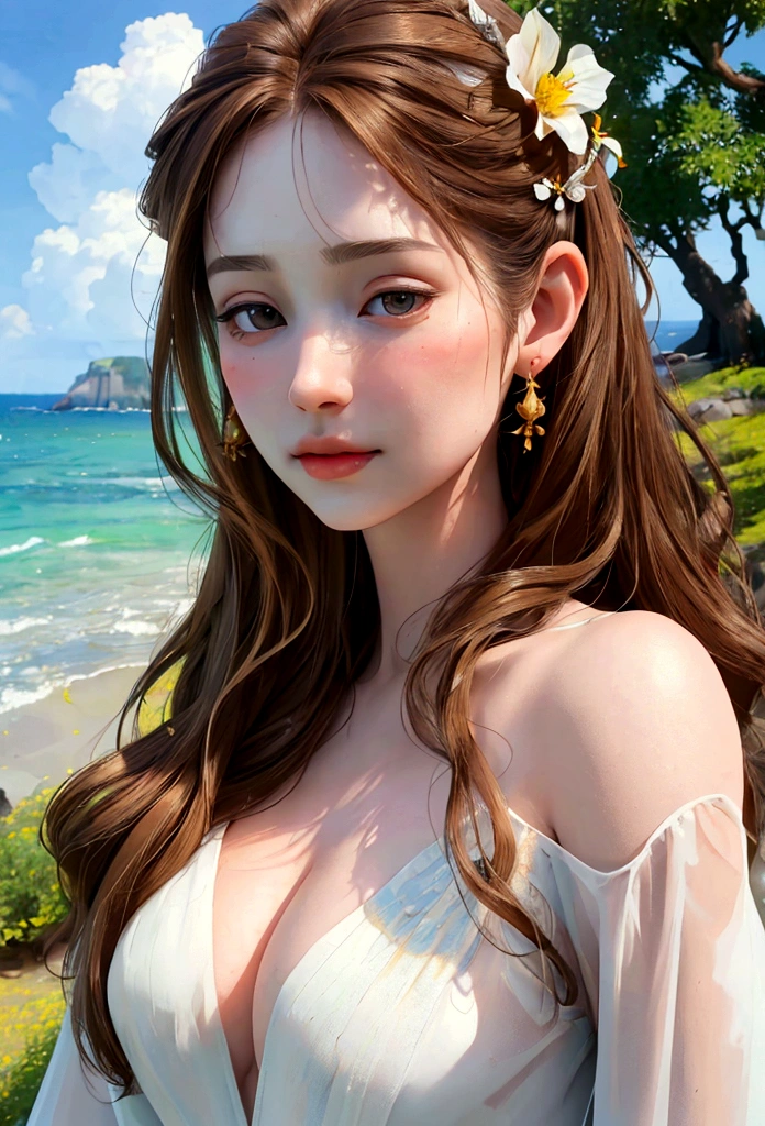 (Surrealistic style), (Girl 1_Pretty face with delicate features, long brown hair, bushy hair), (Beautiful woman_Clear and clean pale skin), Jeju Island, solo travel, white dress, breeze, fragrant midsummer , Nature, (Highest Quality, 4k, 8k, High Definition, Masterpiece: 1.2), Ultra Detail, (Realistic, Realistic, Realistic: 1.37), HDR, UHD, Studio Lighting, Sharp Focus, Physically Based Rendering, Highly Detailed, Professional ,Vivid colors,Bokeh,Portrait