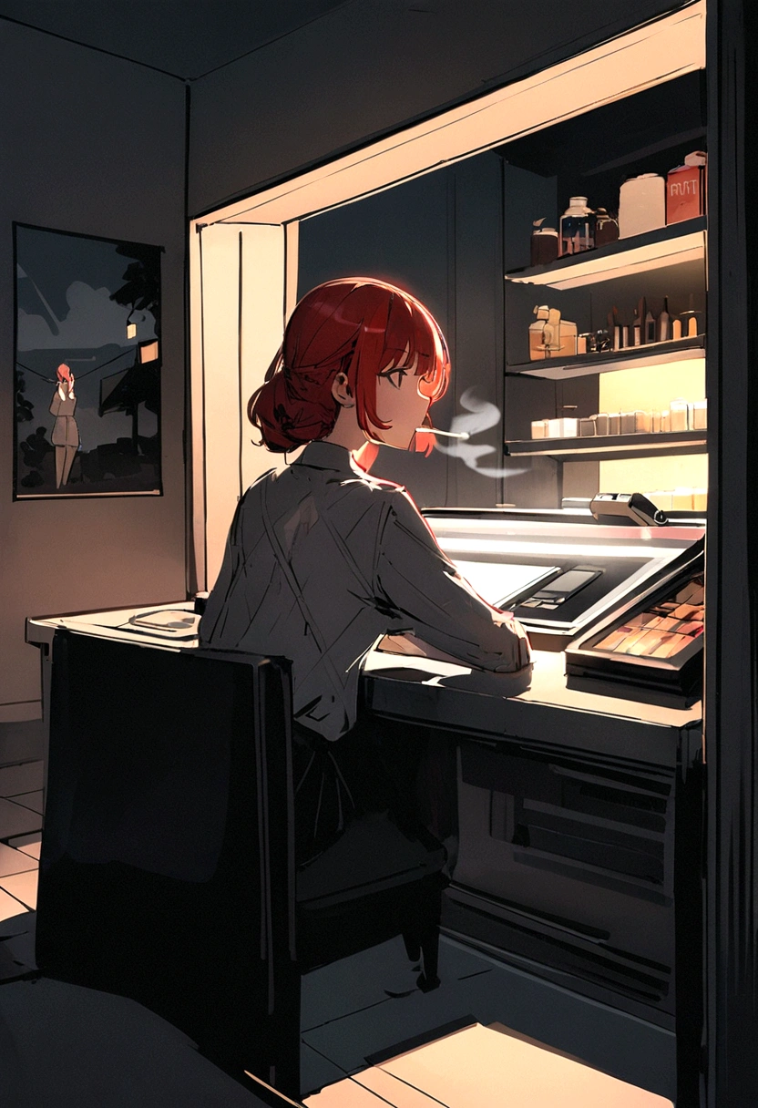 beautiful Asian girl with red hair sitting in her room at night,Looking at a window, face perfect, oculos de sol, smoking a custom-made white cigarette, NeonBlack, (back-illuminated: 1.1), hard shadow, work of art, best qualityer, intricate, model shoot style, vintage, Film grain, Incomplete unit details,citypop,cassettetape,register