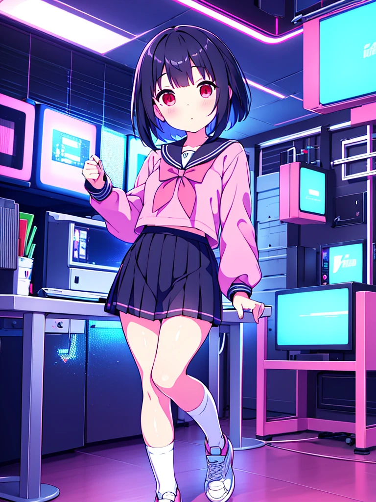 beautiful girl incredible quality 4k vtuber with red eyes multiple color blue and black hair con cinta rosa  Short pleated skirt long sleeve sailor style blouse long white stockings pink tennis shoes with black vtuber youtuber en habitación estudio de grabacion pc gamer de fondoi con micrófono y luces LED rgb cyberpunk 