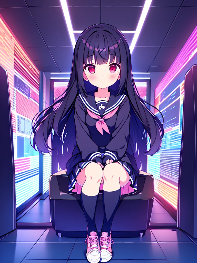 beautiful girl incredible quality 4k vtuber with red eyes multiple color blue and black hair con cinta rosa  Short pleated skirt long sleeve sailor style blouse long white stockings pink tennis shoes with black vtuber youtuber en habitación estudio de grabacion pc gamer de fondoi con micrófono y luces LED rgb cyberpunk 