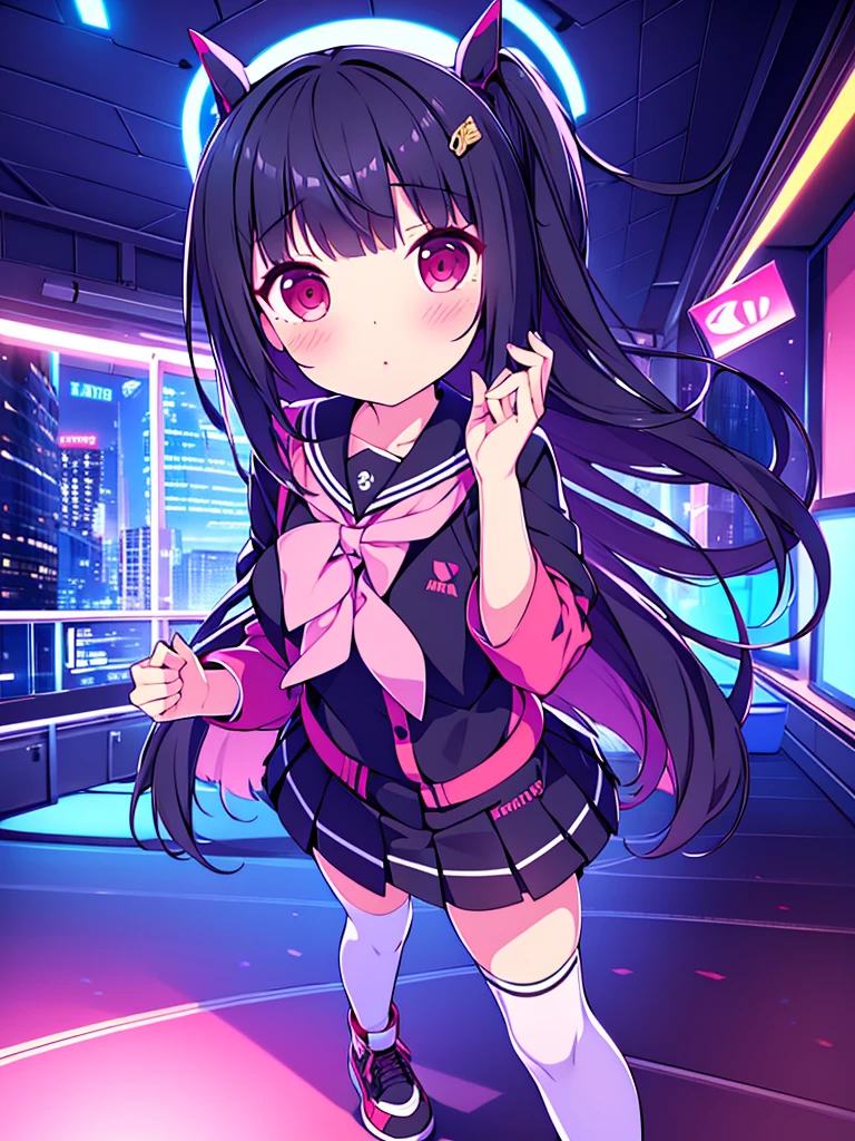 beautiful girl incredible quality 4k vtuber with red eyes multiple color blue and black hair con cinta rosa Short pleated skirt long sleeve sailor style blouse long white stockings pink tennis shoes with black vtuber youtuber en habitación estudio de grabacion pc gamer de fondoi con micrófono y luces LED rgb cyberpunk