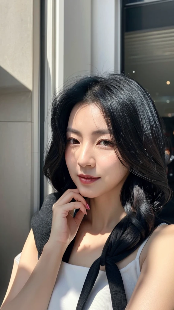 ((highest quality)), ((8K)), ((masterpiece: 1.3)), (Perfect appearance), (Photorealism: 1.6), (monochrome: 1.4), (Japanese Matureの肖像画), (60 years old, Japanese Mature), ((Realistic skin texture)), (Fine lines all over the skin), (Dull skin), (Facial wrinkles), (Wrinkles around the eyes), double eyelid, Tear bags under the eyelids, Closed lips, Calm expression, (Short bangs: 1.2), (Medium-long smooth hair: 1.6), (Hair blown by the wind and messy: 1.4), BREAK(Red lips: 1.4),BREAK