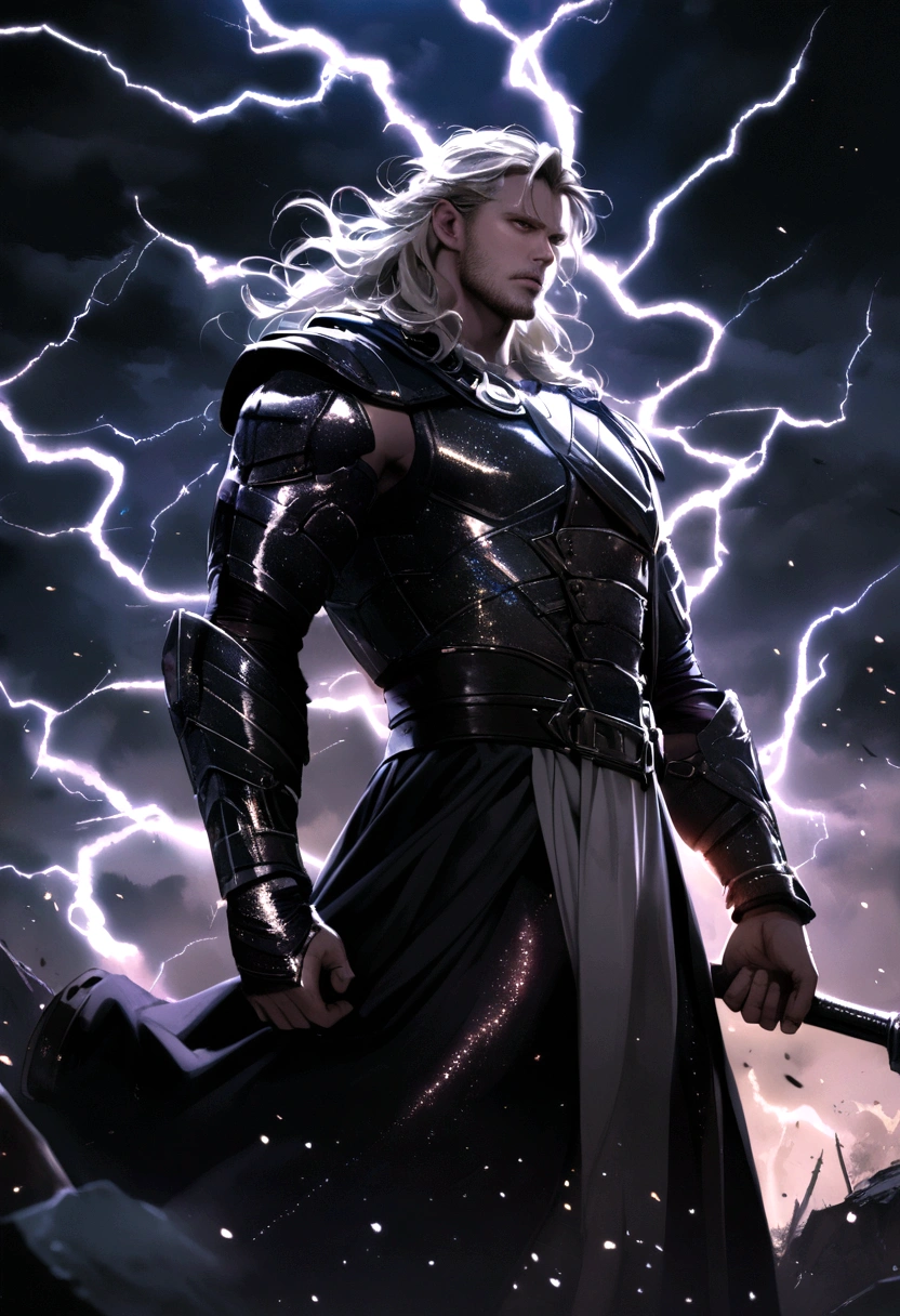 Thor, hammer, lightning effect, metallic effect, dark sky glitter, sombre, 