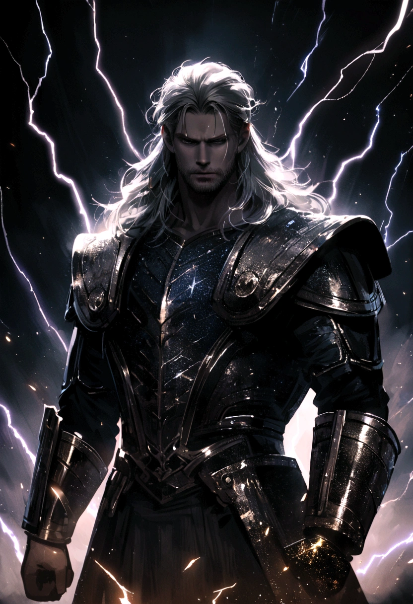 Thor, hammer, lightning effect, metallic effect, dark sky glitter, sombre,