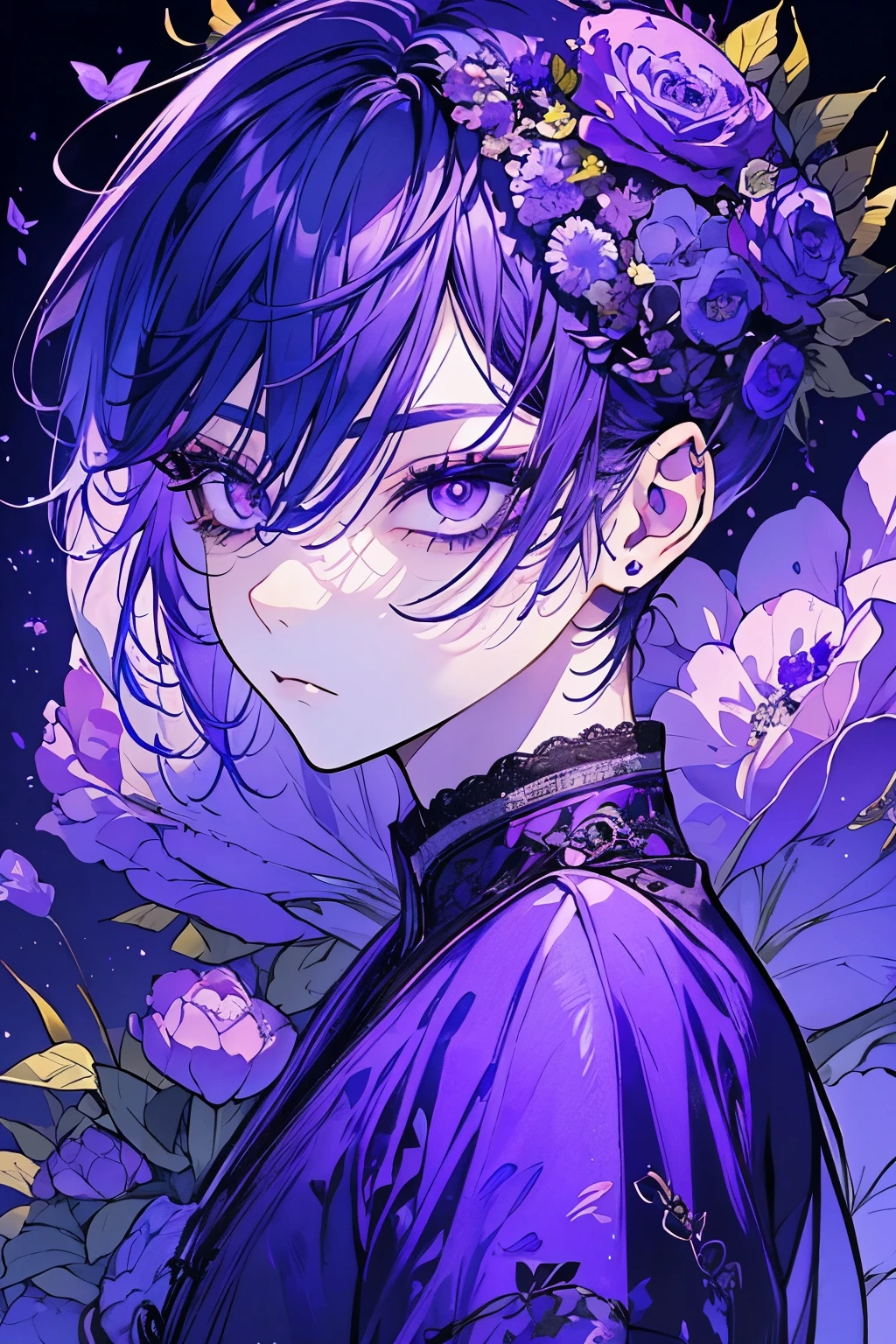 (Mastepiece), (Best Quality), Very detailed, 1 boy, Solo Shooting, Perfect Face, Beautiful Face, Very detailedな顔,(Purple Hair:1.3),(short hair:1.4)、(Big eyes:1.4),(Long eyelashes:1.4)、(Purple Eyes:1.3)、Black clothes、Lots of flowers、petal