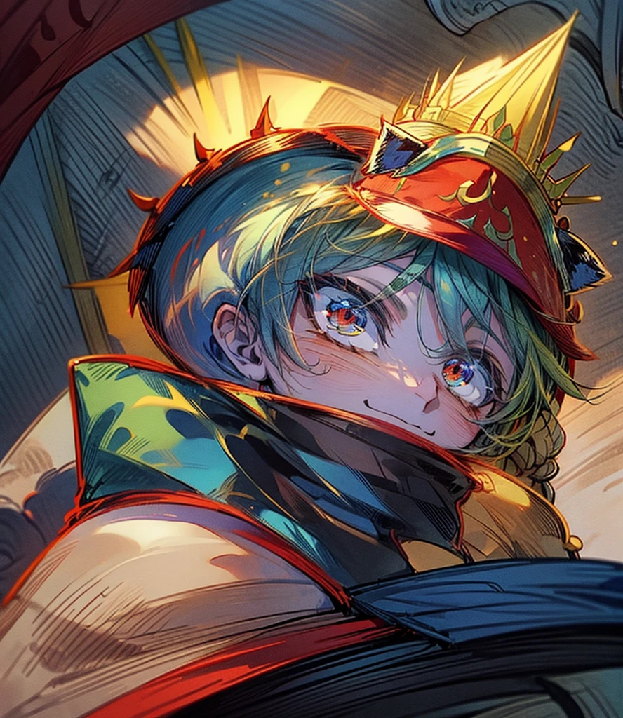 Create a boy, a 10-year-old  who has a blue, red, green and yellow crown that has the symbol of the reverse of one on the ends and he has some bricklaying tools on his back, a mini kitten on his shoulder, a red shirt with a very cute cat on the print and have black pants and very bright red eyes and a big, beautiful smile