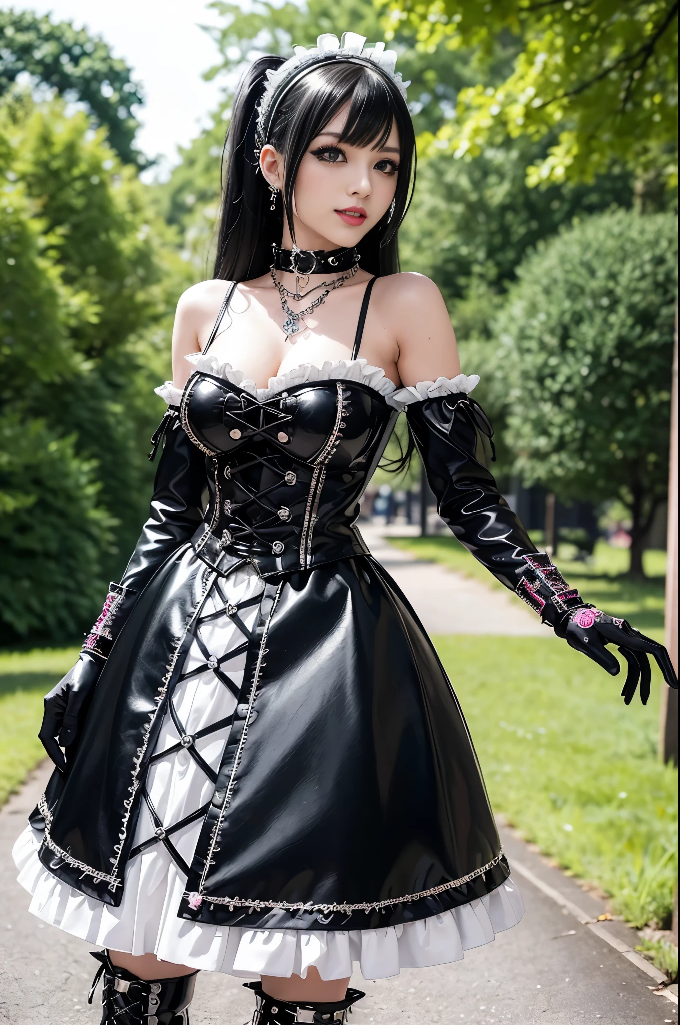 sexy stylish female model, only 1 female, ((doll-like appearance)), long stylish hair, ((shiny Punk-Style boots)), (beautiful smile), ultra detailed eyes, Punk makeup, lipgloss, ((sexy Punk ta cosplay)), unconventional skirt, petticoats, high neckline, ((ultra detailed lace)), ((ultra detailed embroidery)), intricate details, tartan patterns, safety pins, Punk Loliccessoires, short black gloves, Punk Lolita cr, ((large sparkling Punk Lolita jewel, cinematic light, detailed large park background with trees