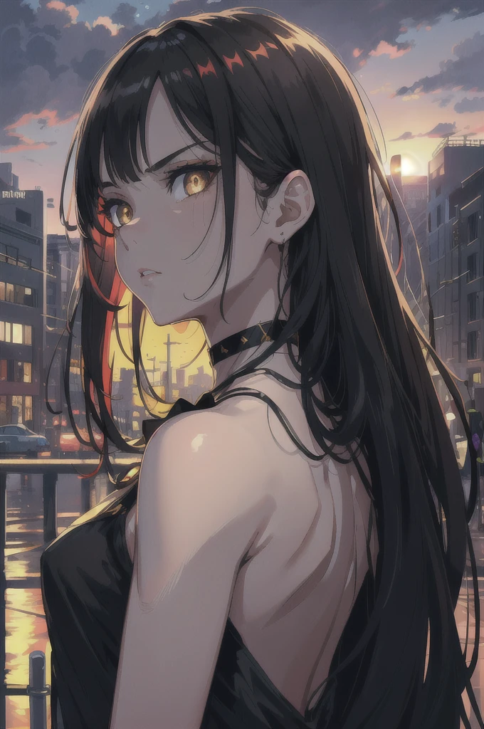 highres, highest quallity, illustration, ultra detailed, (detailed face), (detailed eyes), soft lighting, best quality, hazy glow, dreamy atmosphere, hyper detailed, masterpiece, 1girl, solo,black long hair, (black eyes:1.2), luminous eyes, (colorful),from below, outdoors, clouds, tall buildings in background, industrial, public transportation, urban, concrete, sidewalk,summer, black choker, silver bracelet,backlighting, Radiant Sunset, Golden Embrace, Vibrant Twilight, Ablaze in Colors, Serenading Sun, strong facial expression,(sharp eye:1.2),(scowl:1.1), (stare at viewer with stern eyes:1.5),(bitting own lip:1.1),(disgust:1.2),(grimace:1.0),(look down on with disdain:1.0),(back view:1.3)