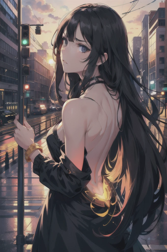 highres, highest quallity, illustration, ultra detailed, (detailed face), (detailed eyes), soft lighting, best quality, hazy glow, dreamy atmosphere, hyper detailed, masterpiece, 1girl, solo,black long hair, (black eyes:1.2), luminous eyes, (colorful),from below, outdoors, clouds, tall buildings in background, industrial, public transportation, urban, concrete, sidewalk,summer, black choker, silver bracelet,backlighting, Radiant Sunset, Golden Embrace, Vibrant Twilight, Ablaze in Colors, Serenading Sun, strong facial expression,(sharp eye:1.2),(scowl:1.1), (stare at viewer with stern eyes:1.5),(bitting own lip:1.1),(disgust:1.2),(grimace:1.0),(look down on with disdain:1.0),(back view:1.3)