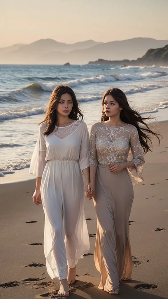 (2 beautiful young girls,girls walking on beach,realistic,photorealistic:1.37,beautiful detailed eyes,beautiful detailed lips,extremely detailed eyes and face,longeyelashes,beautiful skin,detailed clothing,detailed background,detailed water,detailed sky,detailed sand,detailed waves,detailed lighting,dramatic lighting,cinematic lighting,warm colors,golden hour,muted colors,soft colors)