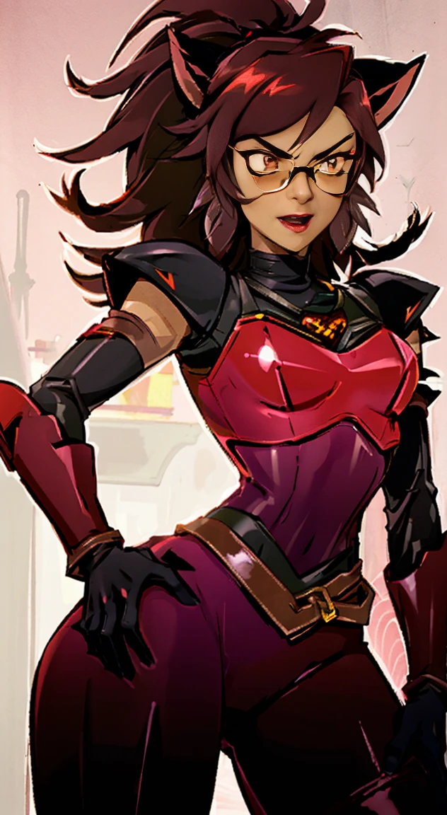 (Best quality, 4k, 8k, Ultra HD, High resolution, masterpiece:1.2), Catra as Mettaton, full spandex/latex attire (reds and blacks), neon lights, flawless makeup, happy singing pose, cat ears, fierce expression, long hair, simple greyscale background, sleek design, captivating stage presence, captivating red lipstick, confident stance, fashion model, anime glasses, anime tinted red shades, black latex pants, black latex corset, holding a large stage microphone, performance microphone, black microphone, singing stance, extremely tight corset, red bow tie around neck, medium nougat-skin color, heart-shaped silver belt buckle, long slick cat tail, thick armored metal belt, heart on armored red chestplate, long hair, brown hair, heavily armored black cuirass, chest encased in armor, black turtleneck armored, wide hips, brown hair, thick flowing brown hair,black undersuit, white mascot gloves, cuffed gloves