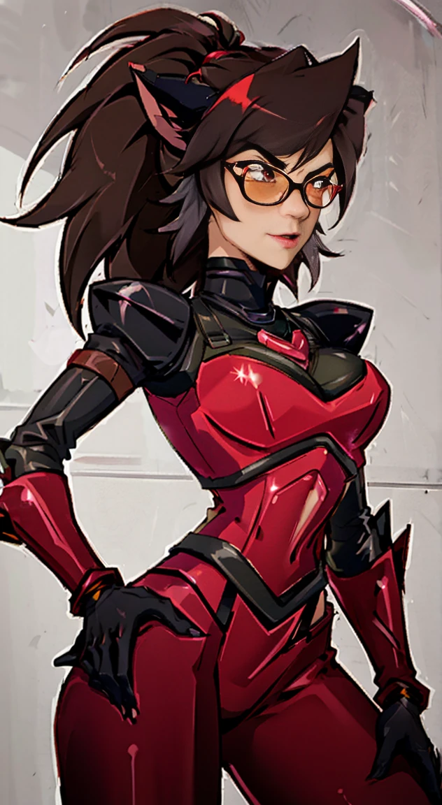 (Best quality, 4k, 8k, Ultra HD, High resolution, masterpiece:1.2), Catra as Mettaton, full spandex/latex attire (reds and blacks), neon lights, flawless makeup, happy singing pose, cat ears, fierce expression, long hair, simple greyscale background, sleek design, captivating stage presence, captivating red lipstick, confident stance, fashion model, anime glasses, anime tinted red shades, black latex pants, black latex corset, holding a large stage microphone, performance microphone, black microphone, singing stance, extremely tight corset, red bow tie around neck, medium nougat-skin color, heart-shaped silver belt buckle, long slick cat tail, thick armored metal belt, heart on armored red chestplate, long hair, brown hair, heavily armored black cuirass, chest encased in armor, black turtleneck armored, wide hips, brown hair, thick flowing brown hair,black undersuit, white mascot gloves, cuffed gloves