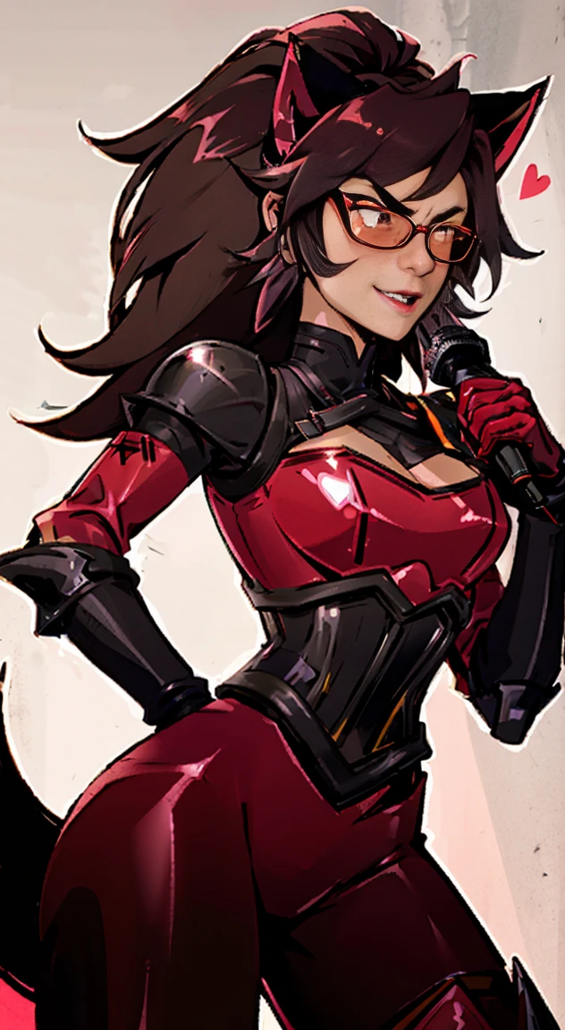 (Best quality, 4k, 8k, Ultra HD, High resolution, masterpiece:1.2), Catra as Mettaton, full spandex/latex attire (reds and blacks), neon lights, flawless makeup, happy singing pose, cat ears, fierce expression, long hair, simple greyscale background, sleek design, captivating stage presence, captivating red lipstick, confident stance, fashion model, anime glasses, anime tinted red shades, black latex pants, black latex corset, holding a large stage microphone, performance microphone, black microphone, singing stance, extremely tight corset, red bow tie around neck, medium nougat-skin color, heart-shaped silver belt buckle, long slick cat tail, thick armored metal belt, heart on armored red chestplate, long hair, brown hair, heavily armored black cuirass, chest encased in armor, black turtleneck armored, wide hips, brown hair, thick flowing brown hair,black undersuit, white mascot gloves, cuffed gloves