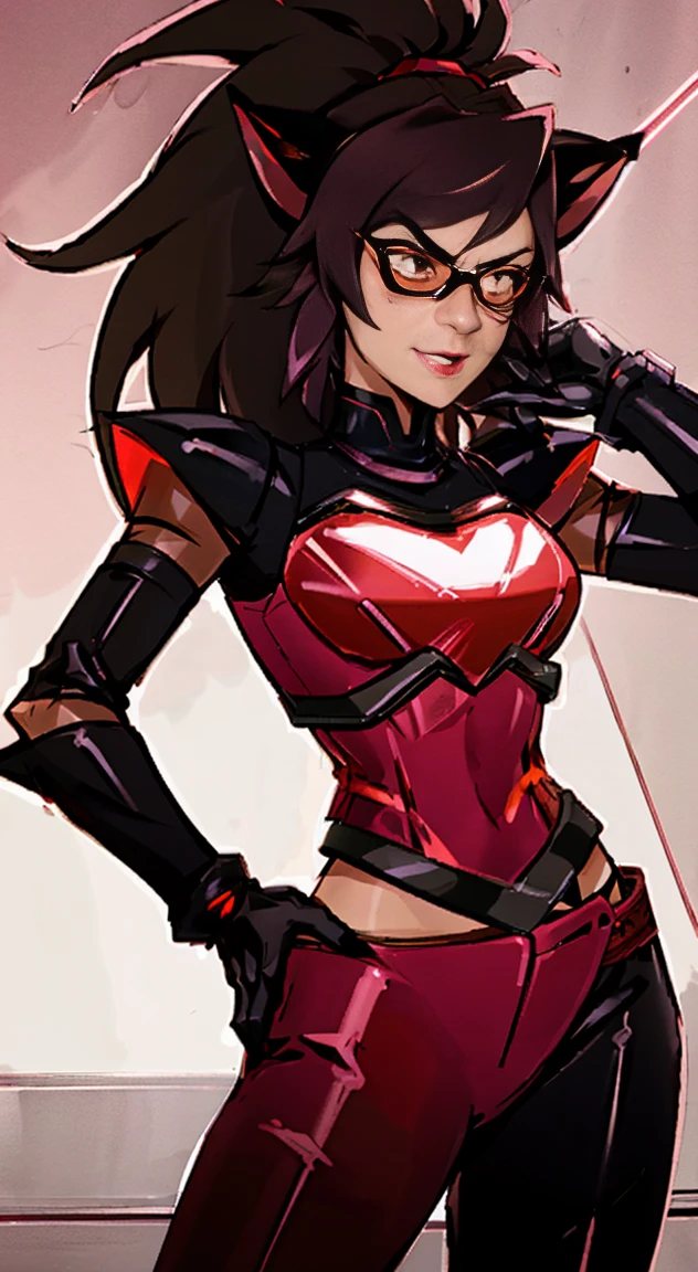 (Best quality, 4k, 8k, Ultra HD, High resolution, masterpiece:1.2), Catra as Mettaton, full spandex/latex attire (reds and blacks), neon lights, flawless makeup, happy singing pose, cat ears, fierce expression, long hair, simple greyscale background, sleek design, captivating stage presence, captivating red lipstick, confident stance, fashion model, anime glasses, anime tinted red shades, black latex pants, black latex corset, holding a large stage microphone, performance microphone, black microphone, singing stance, extremely tight corset, red bow tie around neck, medium nougat-skin color, heart-shaped silver belt buckle, long slick cat tail, thick armored metal belt, heart on armored red chestplate, long hair, brown hair, heavily armored black cuirass, chest encased in armor, black turtleneck armored, wide hips, brown hair, thick flowing brown hair,black undersuit, white mascot gloves, cuffed gloves