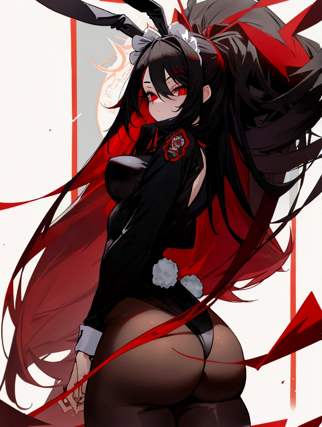 girl with red eyes, long black hair with red tips, bunny maid, black bunny ears, reddish black mask, big , big ass, big thighs