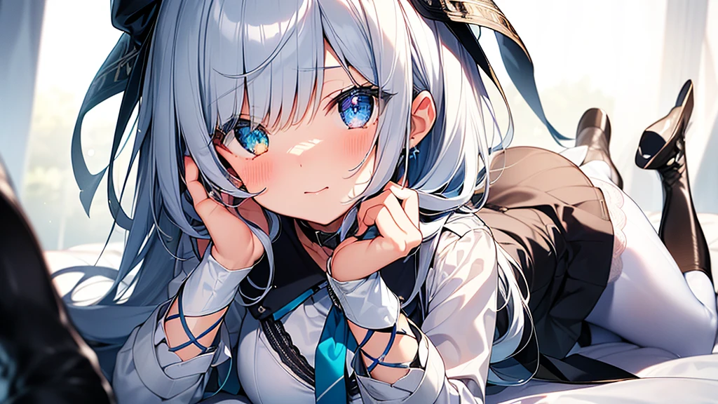 Best quality、Photorealistic、Ultra-detailed、delicate、Orderly、High Detail、Bluish Silver Short Bob、(Drooping heterochromia iris,glowing eyes、Sparkling Eyes:1.3)、slender、(One girl:1.2)、(Light blue military uniform
、White Pantyhose、Jacket with collar and ribbon、Lace-up bootsダイナミックポーズ、ダッチアングル:1.3)、