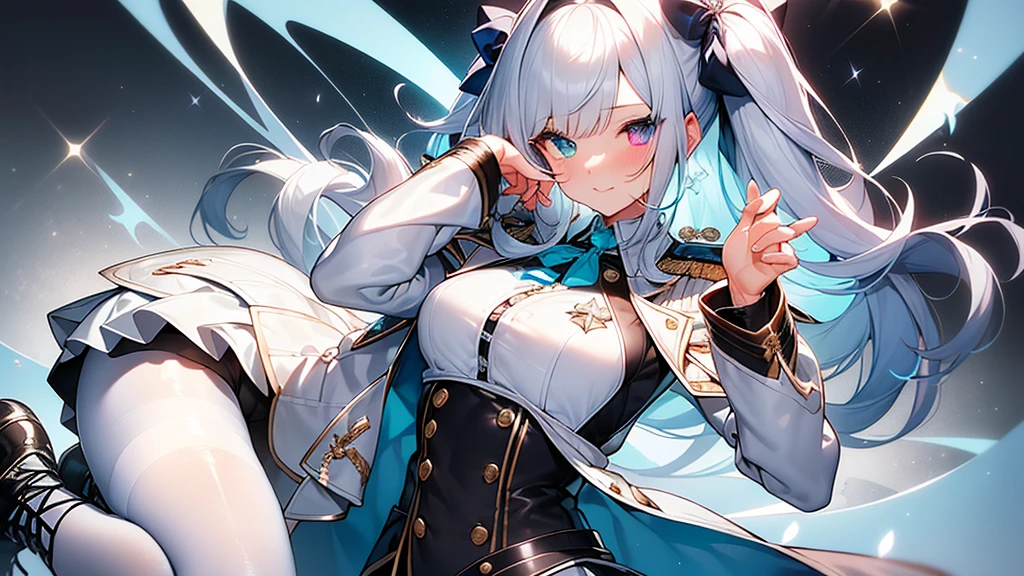 Best quality、Photorealistic、Ultra-detailed、delicate、Orderly、High Detail、Bluish Silver Short Bob、(Drooping heterochromia iris,glowing eyes、Sparkling Eyes:1.3)、slender、(One girl:1.2)、(Light blue military uniform
、White Pantyhose、Jacket with collar and ribbon、Lace-up bootsダイナミックポーズ、ダッチアングル:1.3)、
