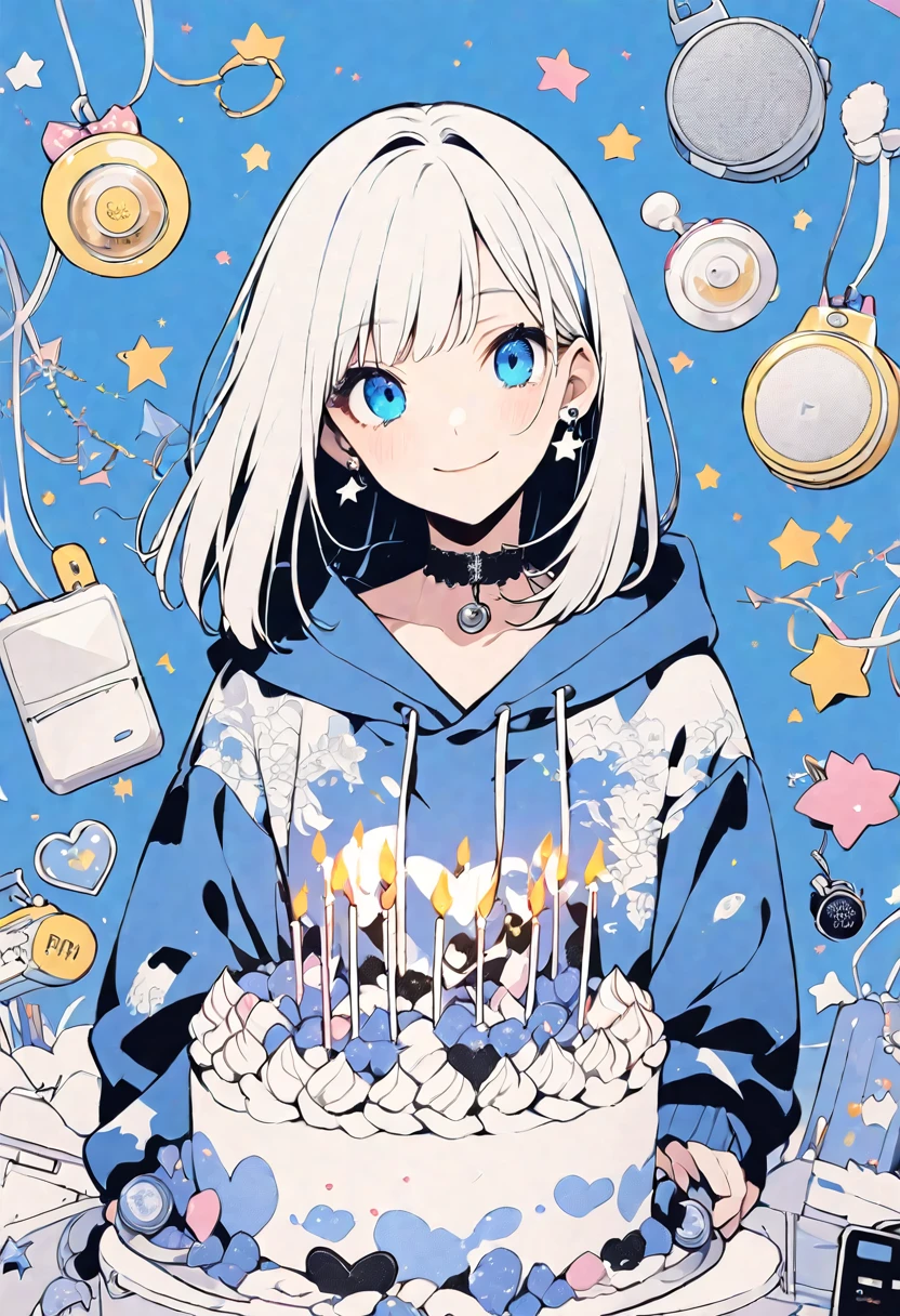 solo,handsome, monotone,
1. Female,
,Straight Hair,Bob Hair, Bob,
White hair,
Kazuka Nakano ,
blue eyes,Soft look,beautiful,beautiful,ta,Darkness,Lots of silver earrings,choker,
White Distressed jeans, hoodie ,smile,skin,buzzer,
birthday cake ,Star,heart,
simple background ,
Blue background,