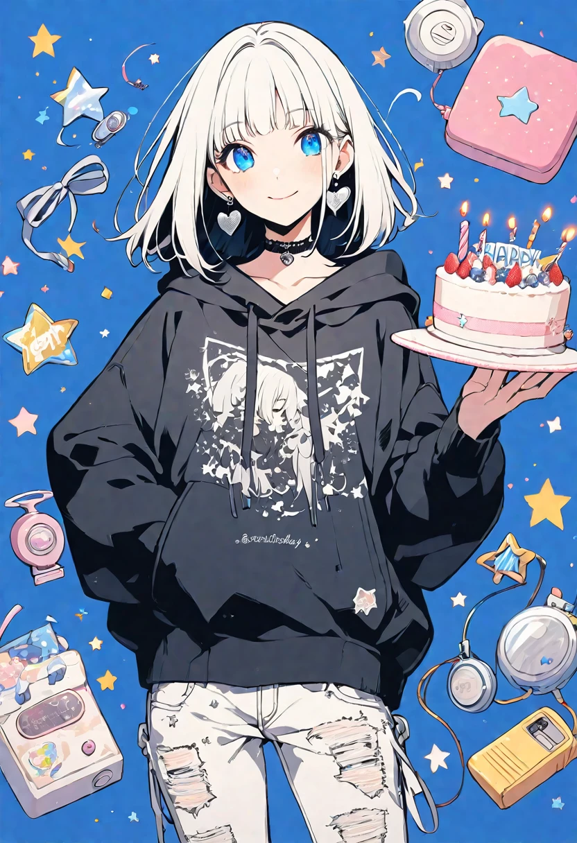 solo,handsome, monotone,
1. Female,
,Straight Hair,Bob Hair, Bob,
White hair, 
Kazuka Nakano ,
blue eyes,Soft look,beautiful,beautiful,Lolita,Darkness,Lots of silver earrings,choker,
White Distressed jeans, hoodie ,smile,skin,buzzer,
birthday cake ,Star,heart,
simple background ,
Blue background,