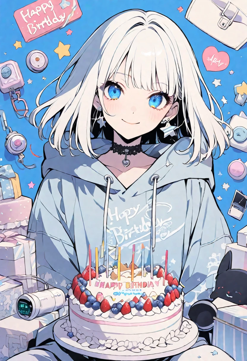 solo,handsome, monotone,
1. Female,
,Straight Hair,Bob Hair, Bob,
White hair,
Kazuka Nakano ,
blue eyes,Soft look,beautiful,beautiful,Lolita,Darkness,Lots of silver earrings,choker,
White Distressed jeans, hoodie ,smile,skin,buzzer,
birthday cake ,Star,heart,
simple background ,
Blue background,