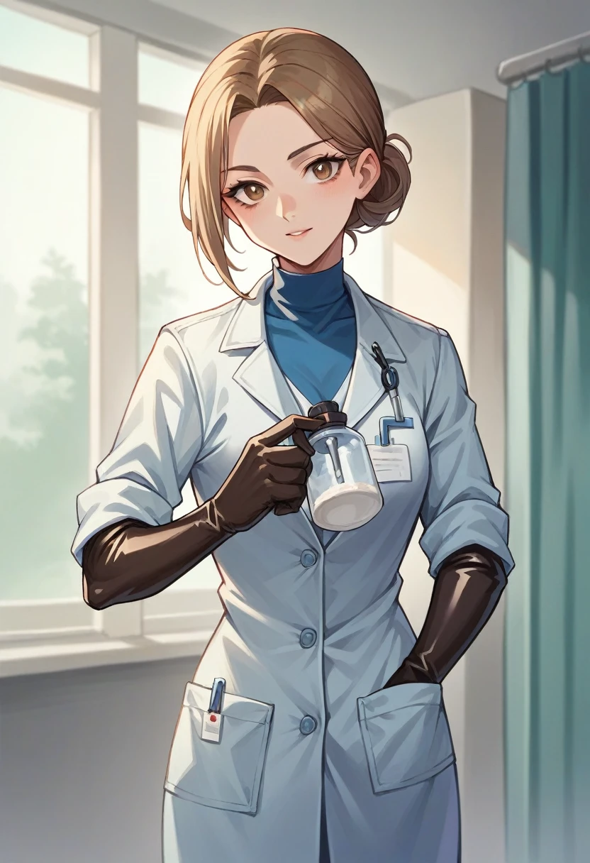 1girl, ((brown elbow gloves)), ((surgical gloves)), ((latex gloves)), ((long sleeves)) ((blue surgeon outfit)), looking at viewer, ((doctor)), standing, solo