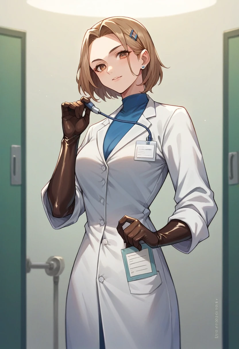 1girl, ((brown elbow gloves)), ((surgical gloves)), ((latex gloves)), ((long sleeves)) ((blue surgeon outfit)), looking at viewer, ((doctor)), standing, solo