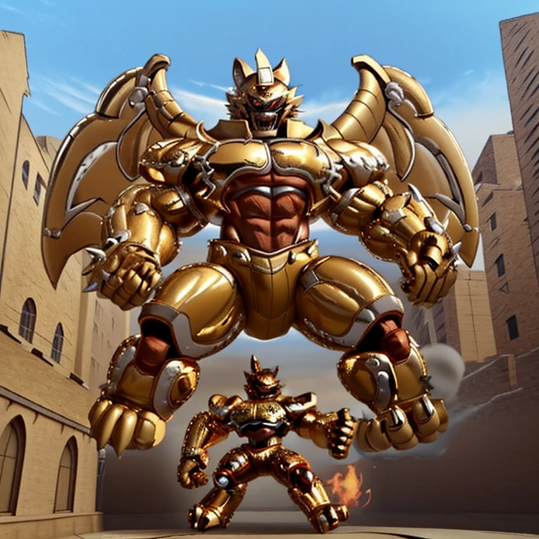 (Solo. masterpiece. official art. 8k. best quality. detailed full body. full body.)
(situation 1 : dominating zeraora. zeraora is over 1000 meters long. focus GIANT mechanical Muscular zeraora is trampling the city. Looking down. macro. stomp. Low-angle perspective. emphasizing the immense size. He is much bigger than a skyscraper. Giga Giants. looking down. foot focus, (soles:1.2))

(situation 2 :smoke and flames rising from the destruction in the city)

(Additional details 1: wearing a full-face helmet. golden armor. Armored Flazzard. Armored_Flazzard. high-tech bio-mecha armor. real texture material. whole body shines like metal. Wearing cyberpunk mecha. emphasizes the muscles. suit fully made of metal. intricate armor. Robotic suit. suit fully made of metal. cyborg. He is wearing a golden cloak.).

(Additional details 2: (Detailed head. Detailed Body. Detailed abs. gigantic muscles. HYPER MUSCLES. Gigachad Muscular. big muscle. pecs. triceps. traps. unusually developed muscular body. body full of huge muscles. showing off muscles. pectorales enormes. Exaggeratedly huge muscles. huge muscles. long legs.).

(Additional details 3: Spread wings. It has wings. have big wings. The claws are sharp. Sharp teeth).

(Additional details 4: golden hyper penis. hyper golden penis. big penis) Chrome Armor