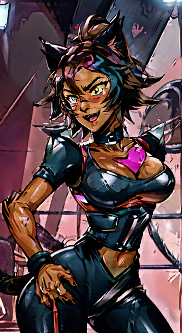 (Best quality, 4k, 8k, Ultra HD, High resolution, masterpiece:1.2), Catra as Mettaton, full spandex/latex attire (reds and blacks), neon lights, flawless makeup, happy singing pose, cat ears, fierce expression, long hair, simple greyscale background, sleek design, captivating stage presence, captivating red lipstick, confident stance, fashion model, anime glasses, anime tinted red shades, black latex pants, black latex corset, holding a large stage microphone, performance microphone, black microphone, singing stance, extremely tight corset, red bow tie around neck, medium nougat-skin color, heart-shaped silver belt buckle, long slick cat tail, thick armored metal belt, heart on armored red chestplate, long hair, brown hair, heavily armored black cuirass, chest encased in armor, black turtleneck armored, wide hips, brown hair, thick flowing brown hair,black undersuit, white mascot gloves, cuffed gloves
